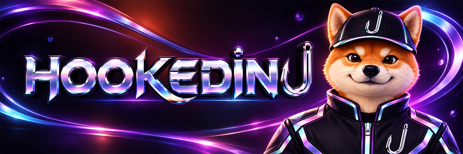 HOOKEDINU wordmark in chrome beside the Shiba mascot, wrapped in violet and cyan light trails